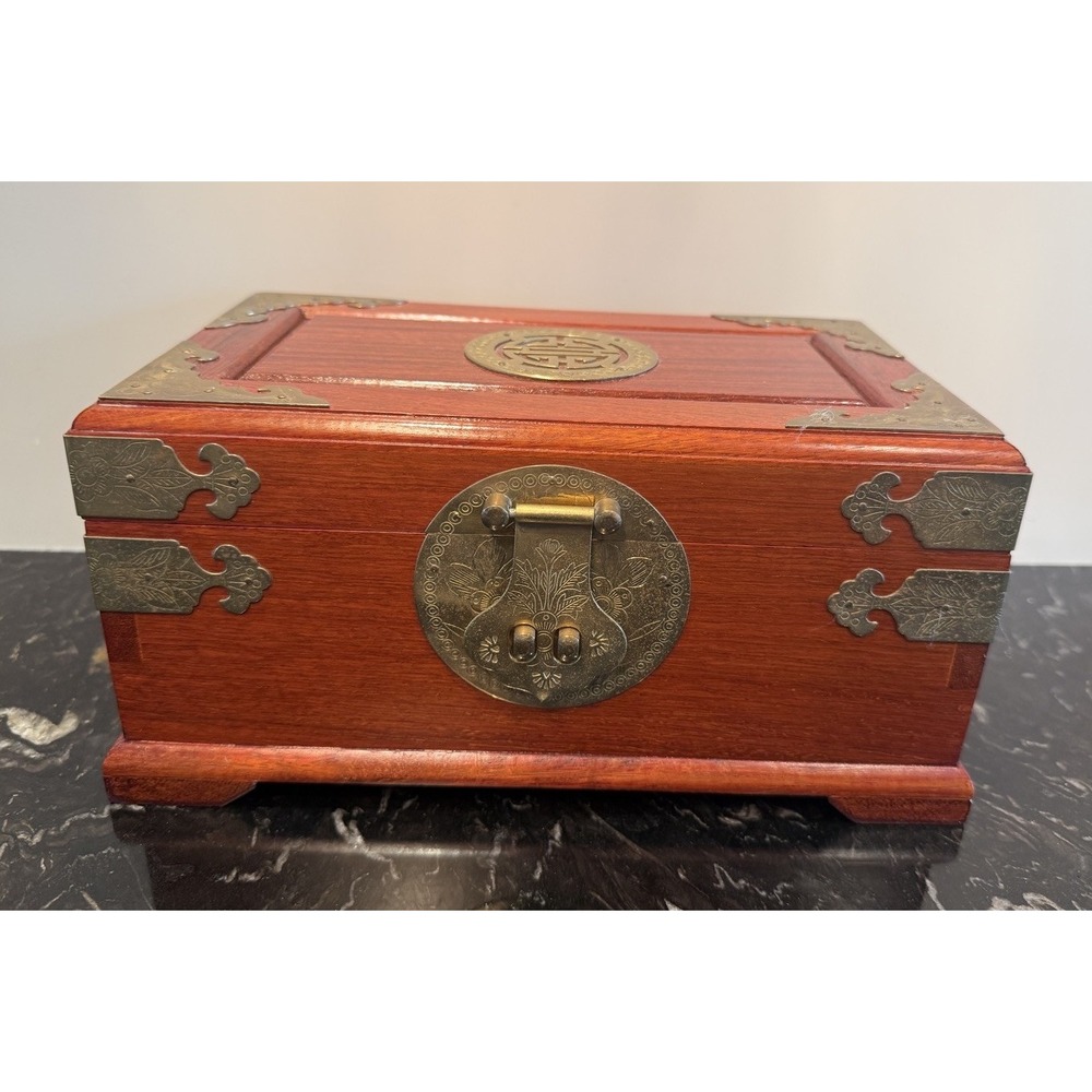 Vintage Chinese Rosewood Jewelry Box w Brass Lined w Yellow Fabric 10.25"X 6.25"
